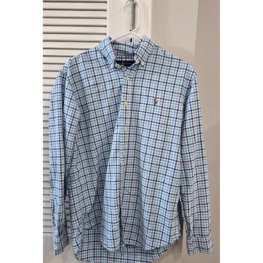 Mens Polo Ralph Lauren Blue & Light Blue Plaid Long Sleeve Dress Shirt Size Med